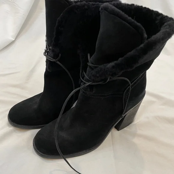 UGG Shoes Ugg Jerene Black Sheepskin Heel Boot Suede 98313